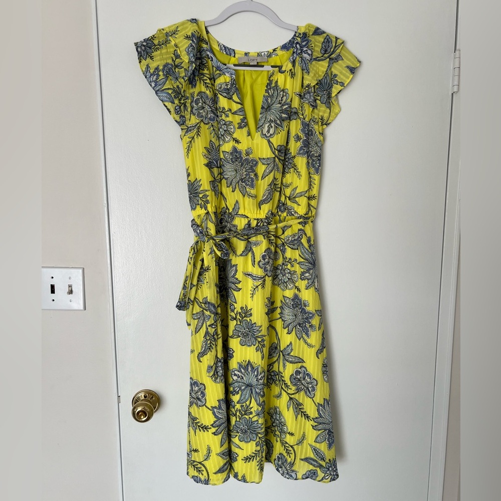 LOFT Yellow and Gray Floral Midi Dress